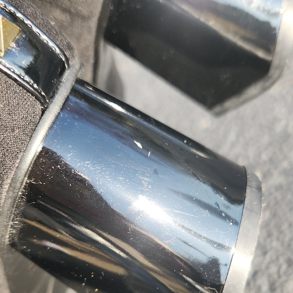 Black Suede Mid-Calf Heeled Boots with Gold Cap Toe and Stud Trim - Picture 6 of 16